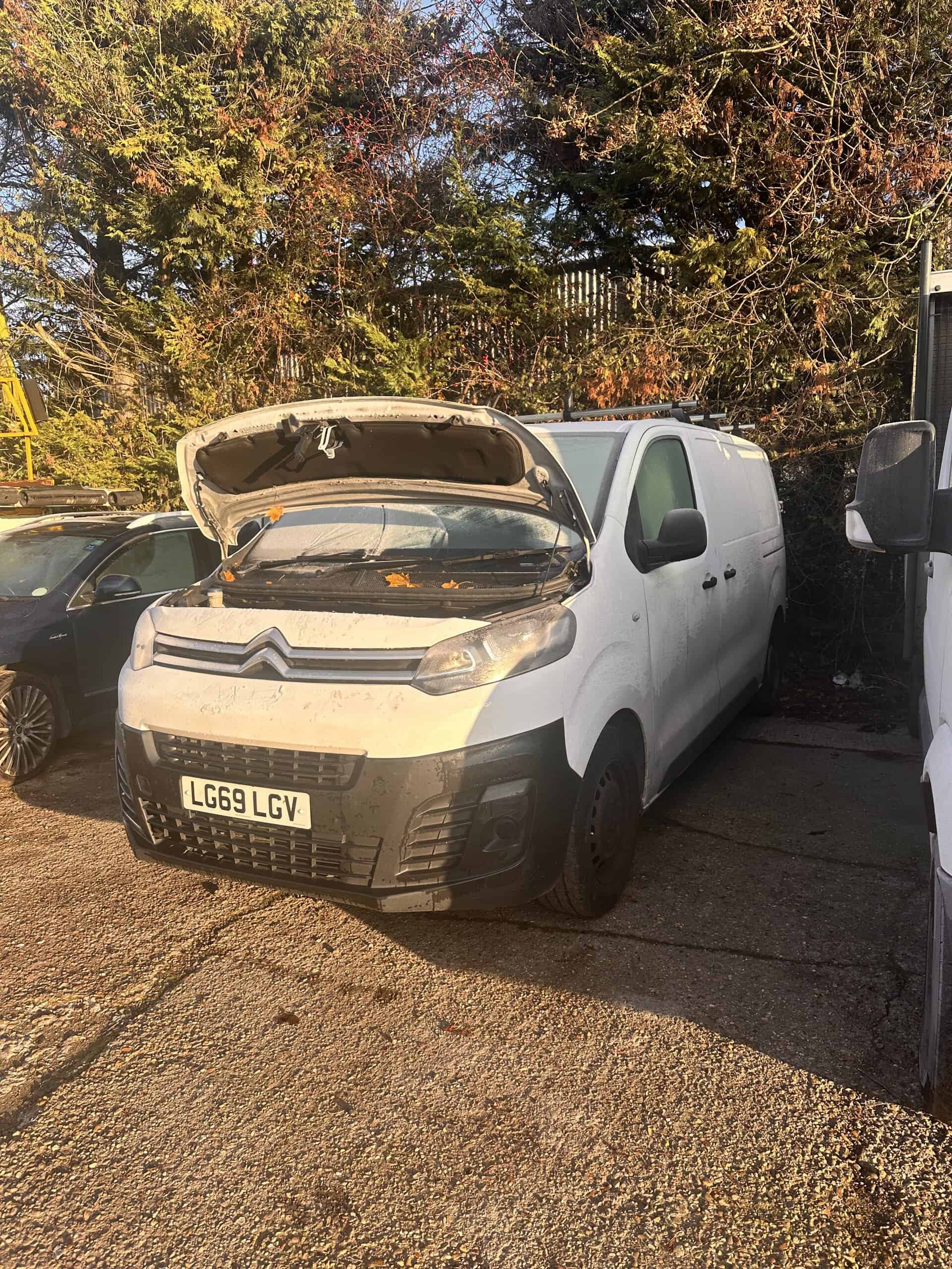 White Citroën Berlingo van with its bonnet open during a mobile AdBlue diagnostic call-out.
